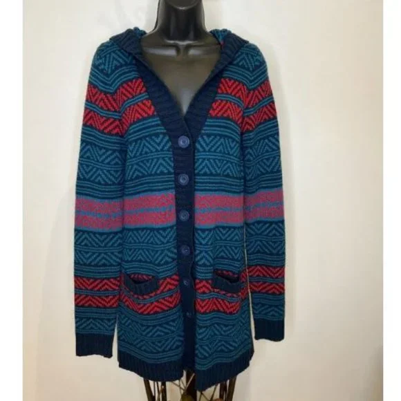 Firefly Womens Button-Up Knit Hooded Cardigan Sweater Long Sleeve Size M  Blue